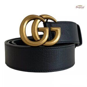 Authentic Gucci Black Smooth Calfskin Leather Gold Double G Buckle Belt 90/36